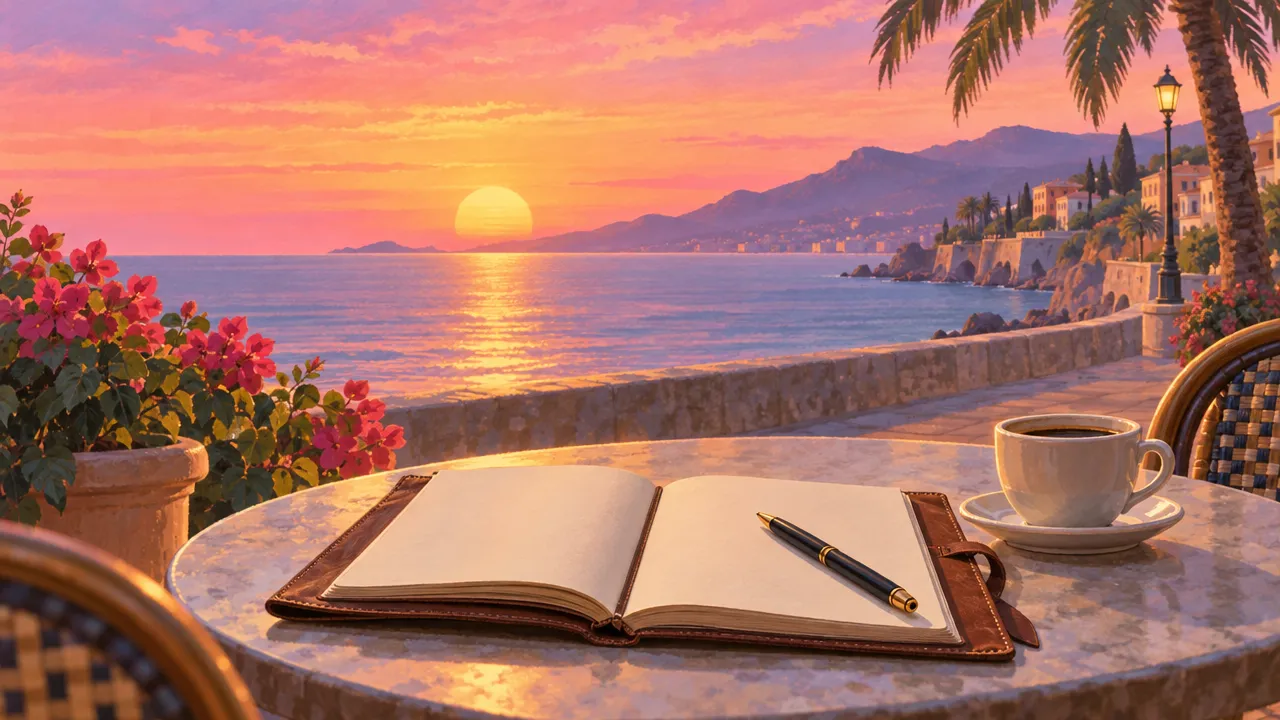 An open notebook and a pen beside a cup of coffee on a café table above the sea at sunset