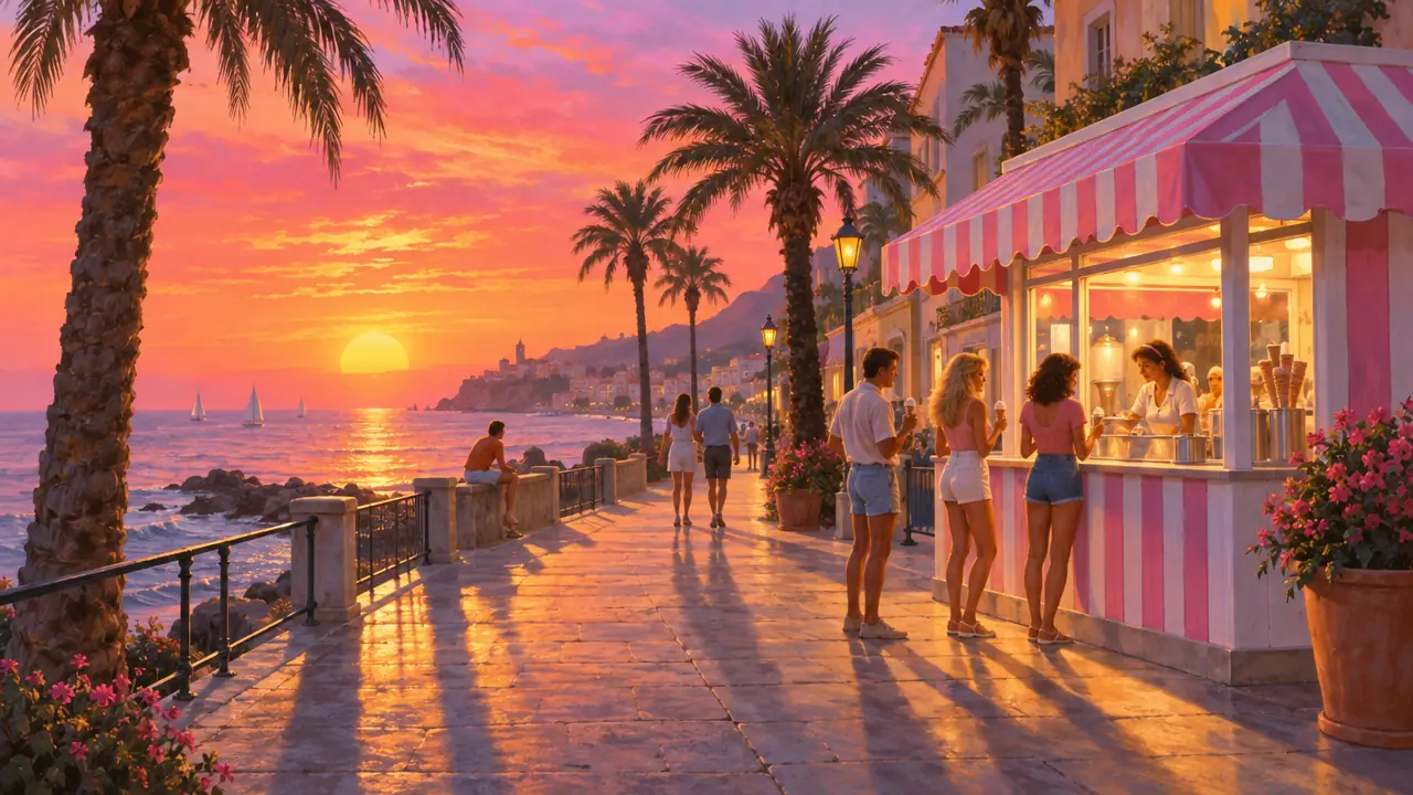 A painted promenade at sunset, people strolling past an ice-cream kiosk by the sea