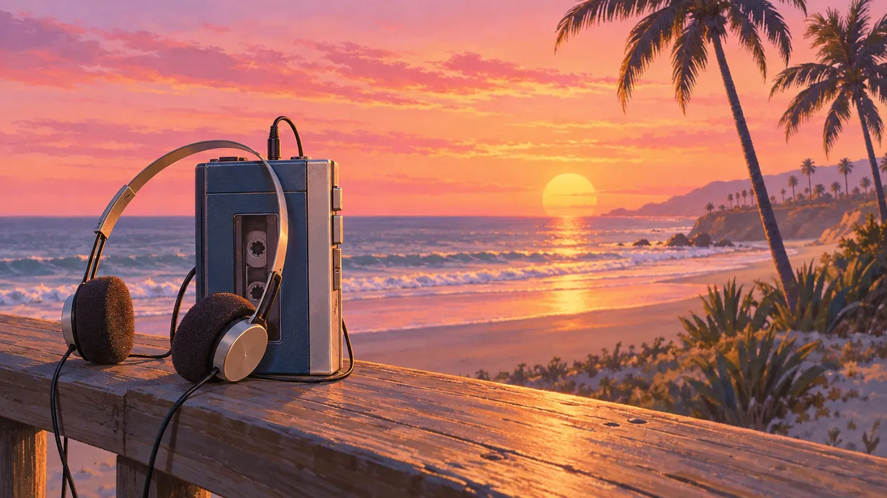 A cassette player and its headphones on a wooden boardwalk rail, the sun setting over the waves